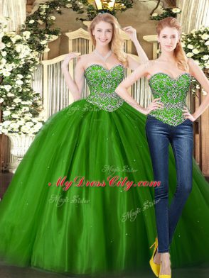 Stunning Dark Green Ball Gowns Sweetheart Sleeveless Tulle Floor Length Lace Up Beading Quinceanera Gowns