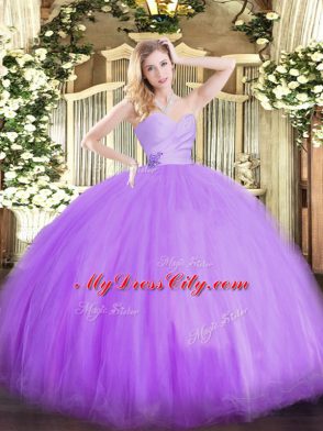 Sumptuous Sleeveless Tulle Floor Length Lace Up Quinceanera Dresses in Lavender with Beading