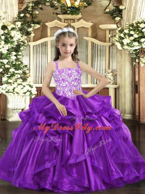 Beading and Ruffles Little Girls Pageant Dress Eggplant Purple Lace Up Sleeveless Floor Length