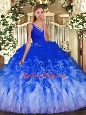 Stylish Multi-color Sleeveless Floor Length Beading and Ruffles Backless Quince Ball Gowns