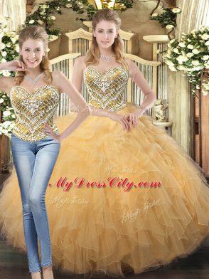 Sweetheart Sleeveless Lace Up Quinceanera Gowns Gold Tulle