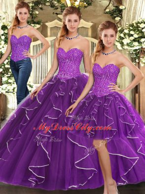 Shining Eggplant Purple Sleeveless Floor Length Beading and Ruffles Lace Up Quinceanera Dress