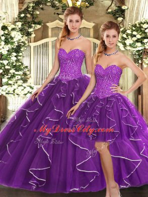 Shining Eggplant Purple Sleeveless Floor Length Beading and Ruffles Lace Up Quinceanera Dress