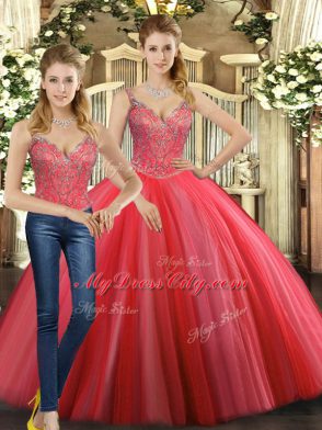 Flare Coral Red Ball Gowns Tulle Straps Sleeveless Beading Floor Length Lace Up Vestidos de Quinceanera