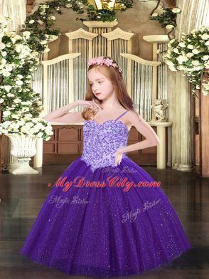 Custom Made Purple Ball Gowns Tulle Spaghetti Straps Sleeveless Appliques Floor Length Lace Up High School Pageant Dress