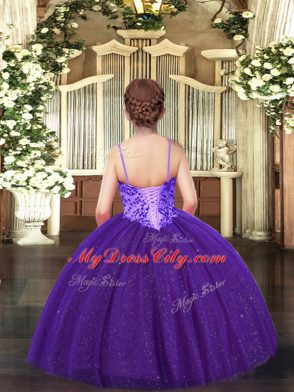 Custom Made Purple Ball Gowns Tulle Spaghetti Straps Sleeveless Appliques Floor Length Lace Up High School Pageant Dress