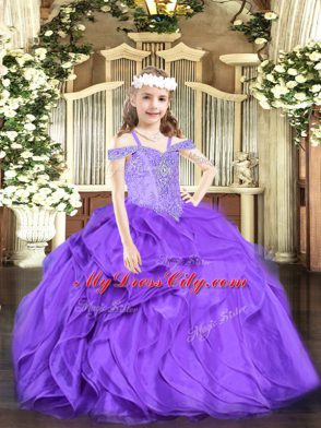 Lavender Ball Gowns Off The Shoulder Sleeveless Organza Floor Length Lace Up Beading and Ruffles Pageant Dress Womens