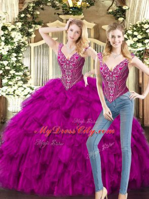 Beauteous Two Pieces Sweet 16 Dresses Fuchsia V-neck Organza Sleeveless Floor Length Lace Up