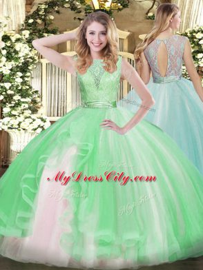 Sophisticated Lace and Ruffles Ball Gown Prom Dress Apple Green Backless Sleeveless Floor Length