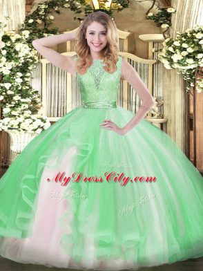 Sophisticated Lace and Ruffles Ball Gown Prom Dress Apple Green Backless Sleeveless Floor Length