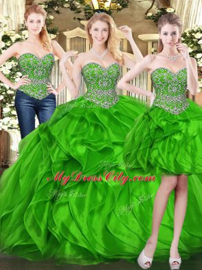 Delicate Floor Length Lace Up Quinceanera Dress Green for Military Ball and Sweet 16 and Quinceanera with Beading and Ruffles