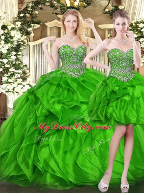 Delicate Floor Length Lace Up Quinceanera Dress Green for Military Ball and Sweet 16 and Quinceanera with Beading and Ruffles