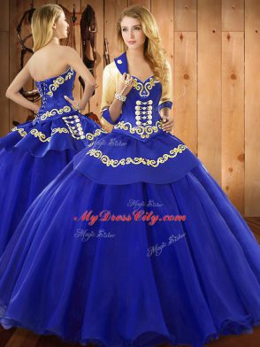 Blue Ball Gowns Ruffles Vestidos de Quinceanera Lace Up Tulle Sleeveless Floor Length