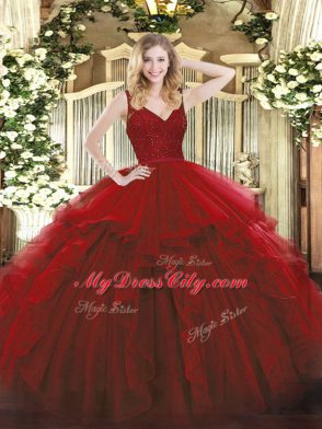 Fashion V-neck Sleeveless Backless Quinceanera Dresses Wine Red Organza