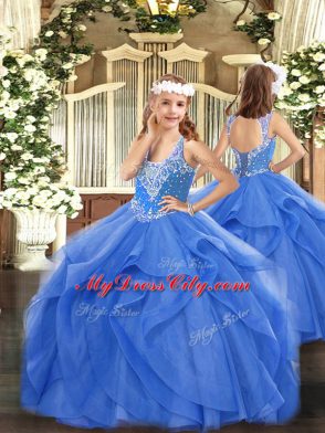 Fashion Beading and Ruffles Pageant Dress for Teens Blue Lace Up Sleeveless Floor Length