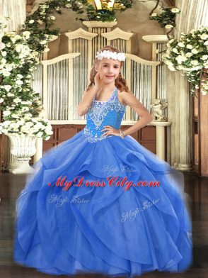 Fashion Beading and Ruffles Pageant Dress for Teens Blue Lace Up Sleeveless Floor Length