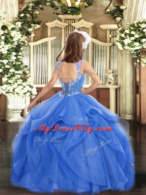 Fashion Beading and Ruffles Pageant Dress for Teens Blue Lace Up Sleeveless Floor Length