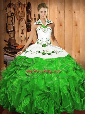 Satin and Organza Sleeveless Floor Length Quinceanera Dress and Embroidery and Ruffles