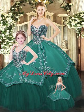 Fitting Sweetheart Sleeveless Lace Up Vestidos de Quinceanera Dark Green Satin and Tulle