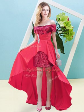 Modern Coral Red Long Sleeves High Low Beading Lace Up Homecoming Dress