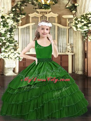 Scoop Sleeveless Pageant Dress Floor Length Beading and Embroidery and Ruffled Layers Dark Green Organza