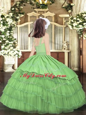 Scoop Sleeveless Pageant Dress Floor Length Beading and Embroidery and Ruffled Layers Dark Green Organza