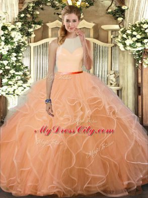 Excellent Peach Sleeveless Tulle Backless 15th Birthday Dress for Sweet 16 and Quinceanera