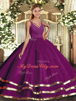 Perfect Purple Ball Gowns V-neck Sleeveless Tulle Floor Length Backless Ruching Quinceanera Gowns