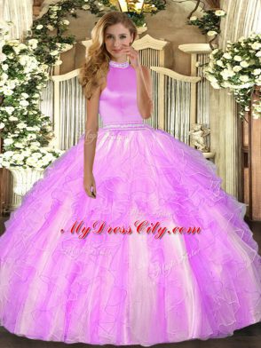 Lilac Ball Gowns Organza Halter Top Sleeveless Beading and Ruffles Floor Length Backless Vestidos de Quinceanera