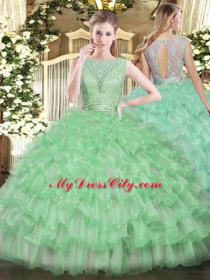 Fantastic Beading and Ruffled Layers Quinceanera Gown Apple Green Backless Sleeveless Floor Length