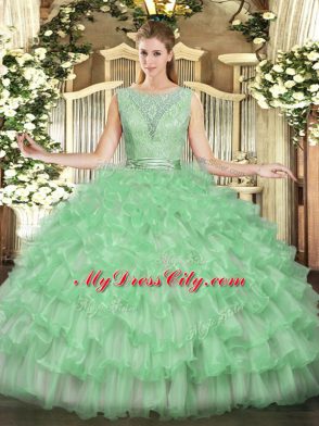 Fantastic Beading and Ruffled Layers Quinceanera Gown Apple Green Backless Sleeveless Floor Length