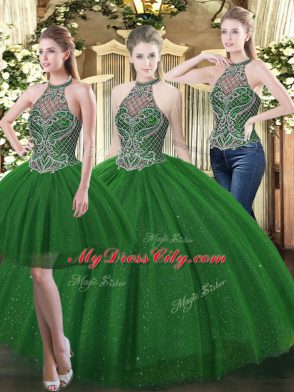 Beading Vestidos de Quinceanera Dark Green Lace Up Sleeveless Floor Length