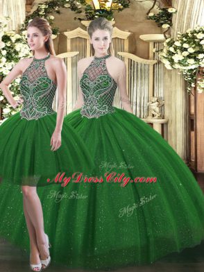 Beading Vestidos de Quinceanera Dark Green Lace Up Sleeveless Floor Length