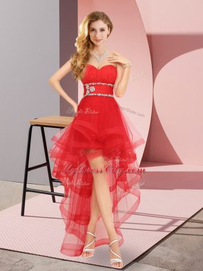 Chic Red Tulle Lace Up Sweetheart Sleeveless High Low Quinceanera Dama Dress Beading