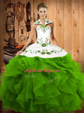 Fantastic Sleeveless Floor Length Embroidery and Ruffles Lace Up Sweet 16 Dresses with