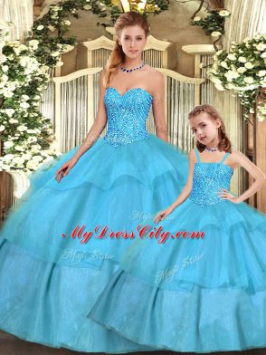 Attractive Sweetheart Sleeveless Lace Up Ball Gown Prom Dress Aqua Blue Organza