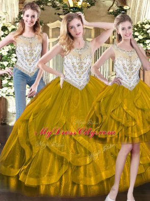 Modern Olive Green Zipper Sweet 16 Quinceanera Dress Beading and Ruffles Sleeveless Floor Length