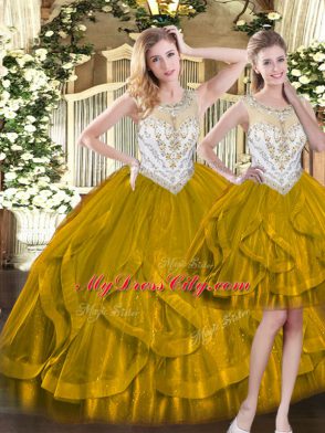 Modern Olive Green Zipper Sweet 16 Quinceanera Dress Beading and Ruffles Sleeveless Floor Length