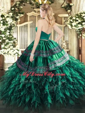 Dark Green Organza Zipper 15 Quinceanera Dress Sleeveless Floor Length Appliques and Ruffles