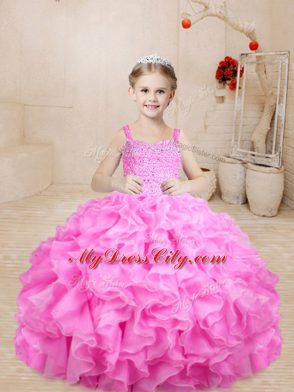 Floor Length Rose Pink Girls Pageant Dresses Organza Sleeveless Beading and Ruffles