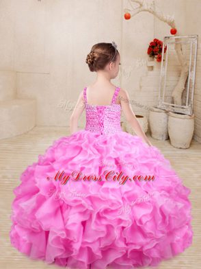 Floor Length Rose Pink Girls Pageant Dresses Organza Sleeveless Beading and Ruffles