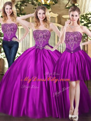 Sleeveless Tulle Floor Length Lace Up Vestidos de Quinceanera in Purple with Beading