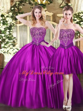 Sleeveless Tulle Floor Length Lace Up Vestidos de Quinceanera in Purple with Beading