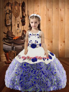 Graceful Multi-color Fabric With Rolling Flowers Lace Up Straps Sleeveless Floor Length Little Girl Pageant Gowns Embroidery and Ruffles