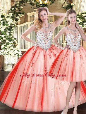 Decent Red Three Pieces Beading Quinceanera Gown Zipper Tulle Sleeveless Floor Length