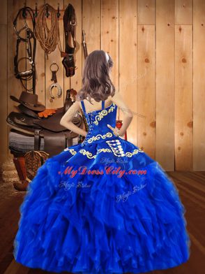 Fashionable Straps Sleeveless Lace Up Little Girls Pageant Dress Wholesale Royal Blue Organza