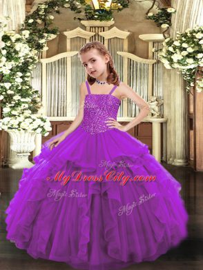 Straps Sleeveless Organza Little Girl Pageant Gowns Beading and Ruffles Lace Up