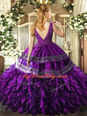 Fine V-neck Sleeveless Backless Quince Ball Gowns Eggplant Purple Organza