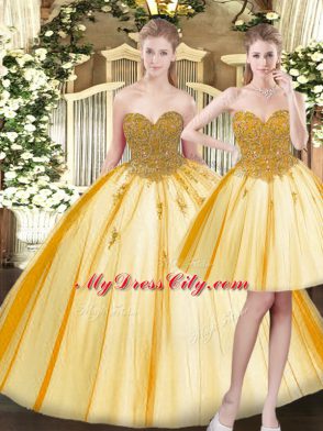 Low Price Sleeveless Floor Length Beading and Appliques Lace Up Sweet 16 Quinceanera Dress with Gold