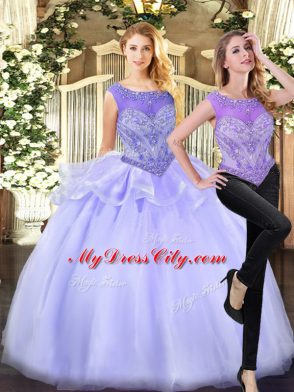 Scoop Sleeveless Quinceanera Dress Floor Length Beading Lavender Organza